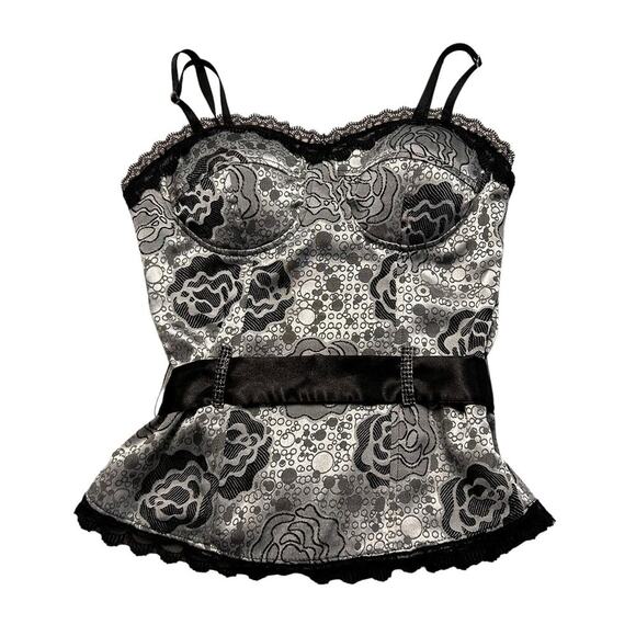Wet Seal Tops - Wet Seal Silver Metallic Floral Corset Top with Black Belt Lace Trim rhinestones
